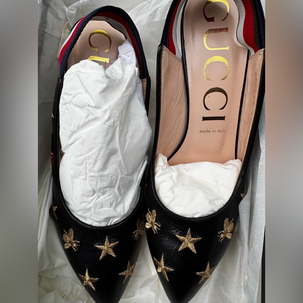Gucci Black and Gold high heels with Celestial Embellishments